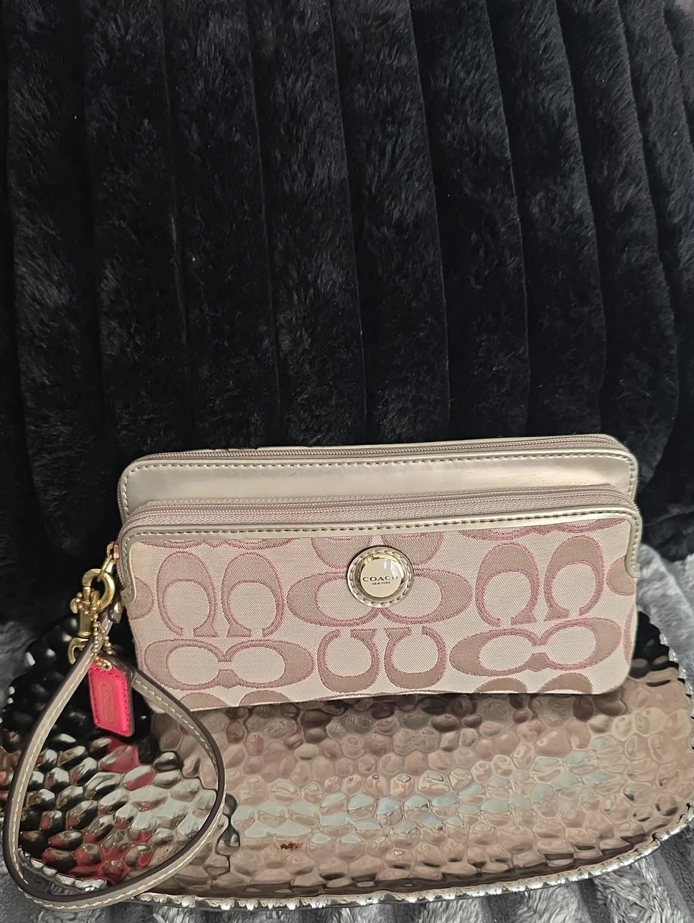 COACH Pink Signature Wristlet Clutch with Metallic Trim